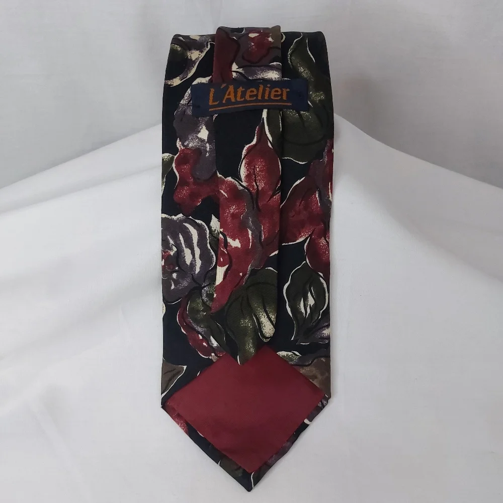 Vintage L'Atelier Mens 100% Italian Silk Tie Floral Necktie 58
